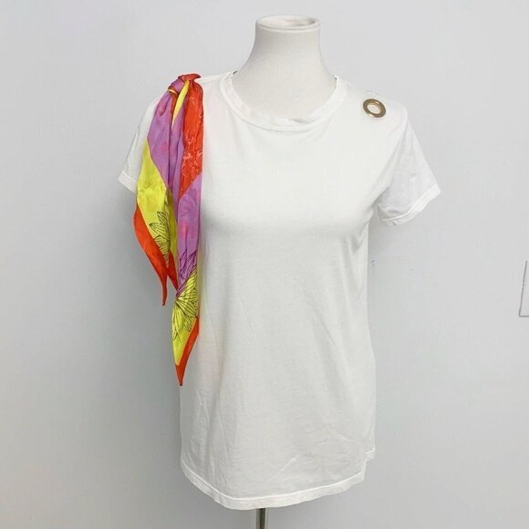 ViCOLO WOMEN LUXURY White TEE TOP BLOUSE With Satin Tie Italy Made Sz XL NWT - Picture 1 of 17